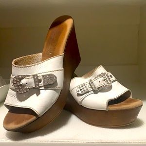 Reba Wedges White leather with rhinestone buckle s